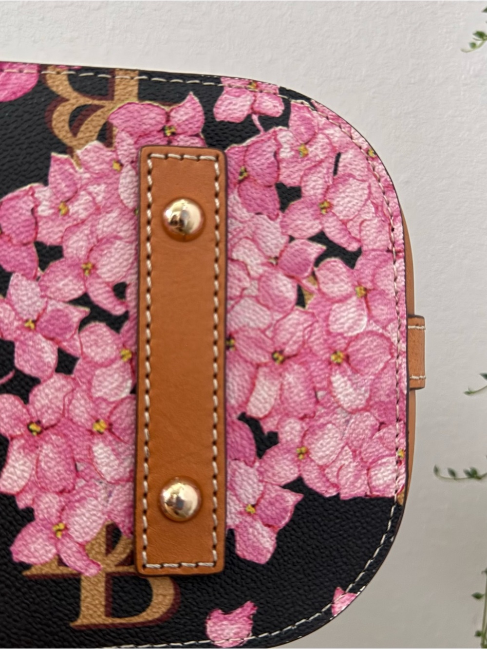 Dooney & Bourke Black Monogramed Hydrangea Domed Zip Satchel With Tan Trim - Picture 6 of 8